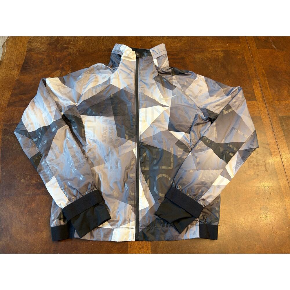 Nike Just Do It Geometric Rain Jacket Small Hood Thumb Holes Preowned